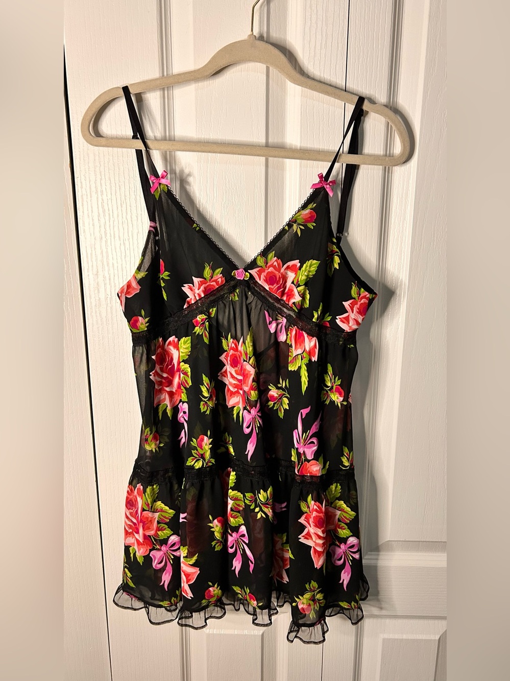 Betsey Johnson Babydoll Chemise Womens Large Floral Sheer Ruffle Coquette Dress